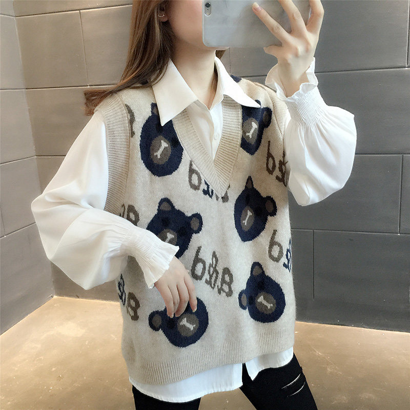 College Wind Xiao Knitting Horse Female Autumn 2021 new Han Edition with small vest superimposed short sweater