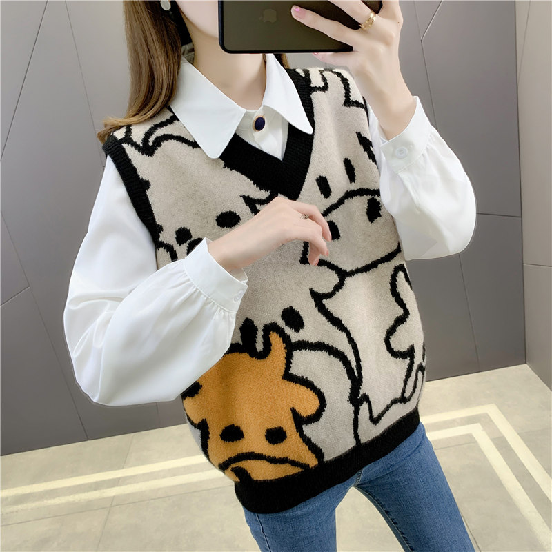 2021 Korean version of autumn new Aging Retro Jacquard V collar waistcoat Waistcoat Knitwear outside wearing sweater Shoulder Tide