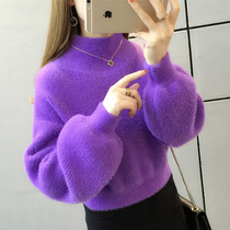 Semi-turtleneck sweater womens autumn and winter new 2020 thickened loose sweater short imitation mink velvet wear base shirt
