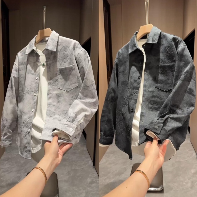 Spring and Autumn New Vintage Distressed Jacquard Lapel Shirt Men's Trendy 3D Embossed Swallowtail Denim Jacket