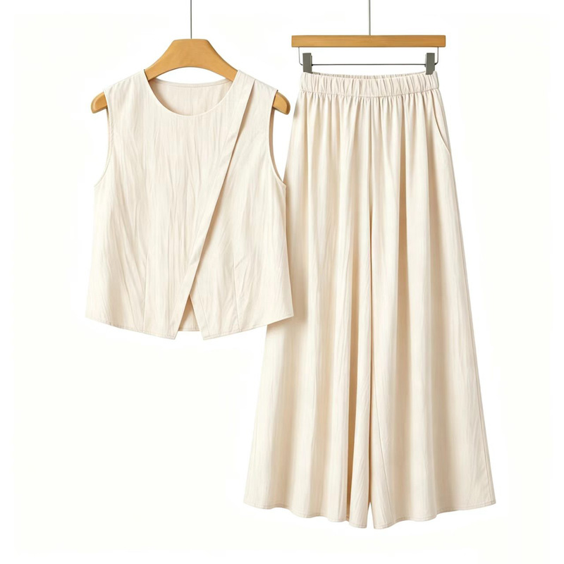 2026 Korean Style Summer New Apricot Sleeveless Irregular Top Wide-Leg Pants Set Elegant Matching Vest Women's Clothing