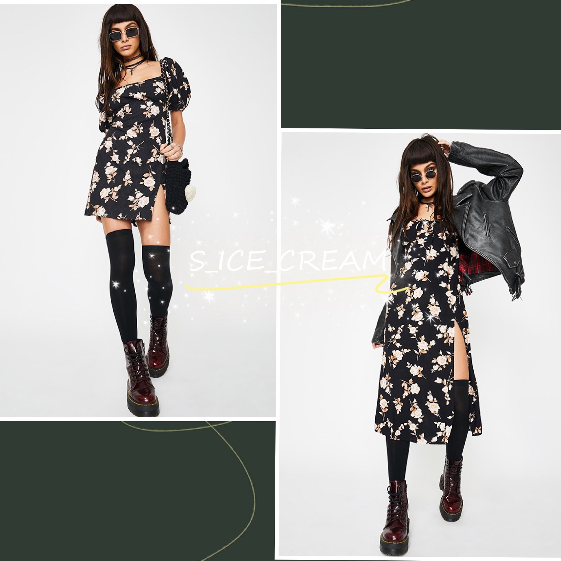 Lone Prints SPOT MOTEL ROSE FLOWERS SQUARE COLLAR OPEN FORK FOREIGN DRESS SHORT SKIRT IN LONG SKIRT DOLLKILL