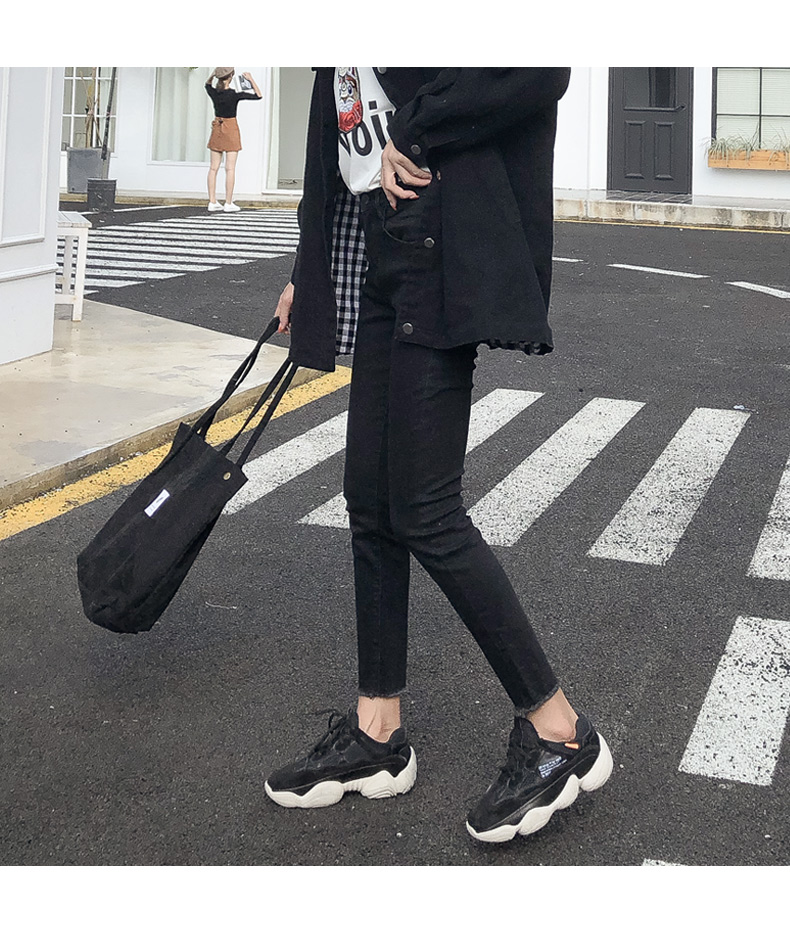 Quần jeans nhung nữ 2018 thu đông mới eo cao màu đen phiên bản Hàn Quốc đã mỏng và bó sát 2019 chân chín áo sơ mi nữ form rộng