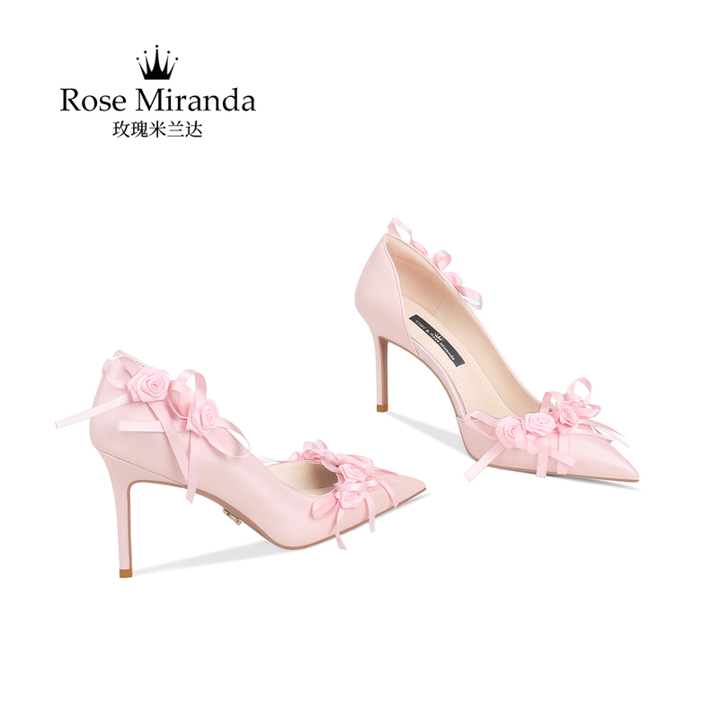 Rosemiranda Rose Miranda High Heels Pink Elegant Chanel-Style Stiletto Floral Pointed Toe Sandals for Women