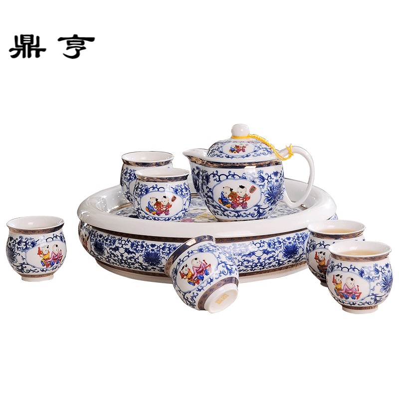 Ding hunter price of jingdezhen blue and white lad household porcelain tea set a complete set of ceramic kung fu tea cup double the teapot