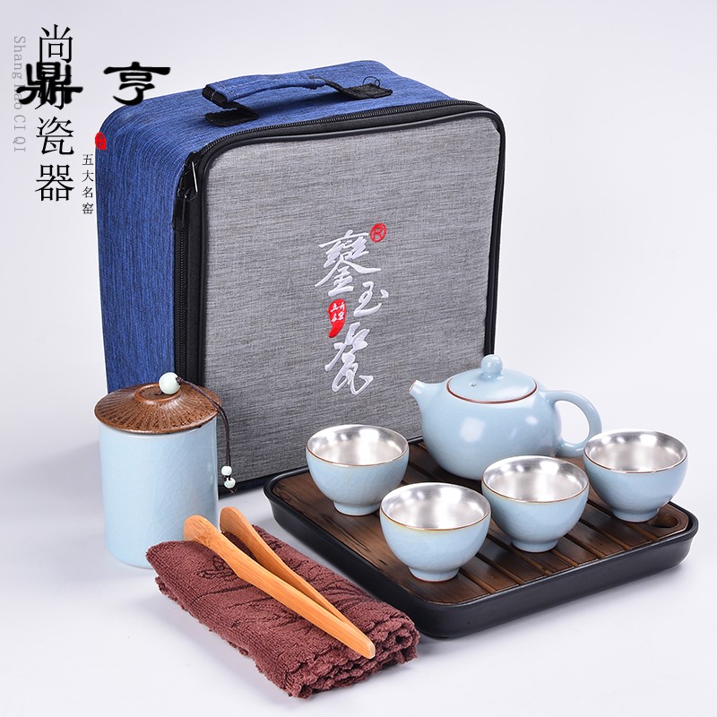 Ding heng 999 sterling silver travel a whole set of kung fu tea tasted silver gilding suit a pot of four cups of dry terms plate crack cup teapot