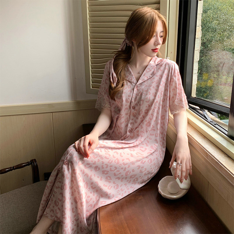 Extra Long Over-The-Knee Shirt Nightgown for Women, Summer Ice Silk Short-Sleeved Thin Pink Sweet Lace Maternity Cardigan Nightgown
