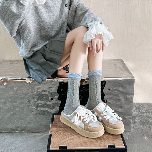 Bubble-Style Summer Gray Socks for Women, Spring and Autumn Mid-Calf Socks, Cable Knit Seamless Loafers Mary Jane Socks, Long Socks