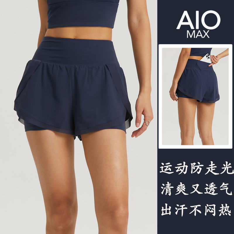 American Style Women's High-Waisted Sports Shorts, Faux Two-Piece, Anti-Exposure, Quick-Drying, Breathable, Running, Fitness, Hot Pants, Yoga Shorts
