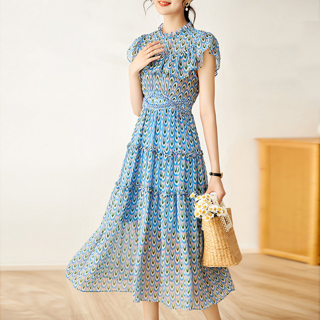Printed Chiffon Knee-length Mid-Length Skirt Women's Summer Dress Sleeveless Elegant Ruffles Waist Slim Floral Dress