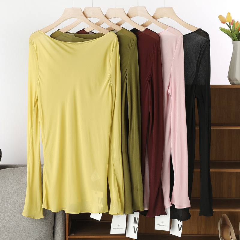 Mv Off-Shoulder, One-Shoulder Neckline, Slim Fit, Slimming, Silk, Slightly Sheer, Stylish Blouse, Bias-Cut Bell Sleeves, Sun Protection Top for Women