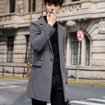 Mens windbreaker medium long Korean version of the trend wool coat Mens British striped coat 2019 new winter