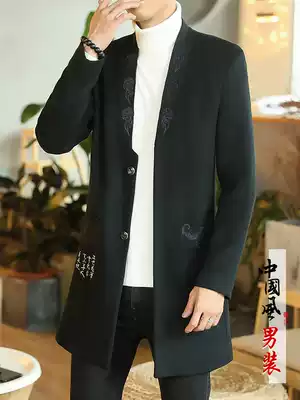 Autumn and winter Chinese style men's over-the-knee mid-length windbreaker wool wool coat trend Korean version slim Ni Zi jacket