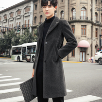 2020 new wool coat mens medium and long Korean slim mens windbreaker autumn and winter coat thickened and cotton