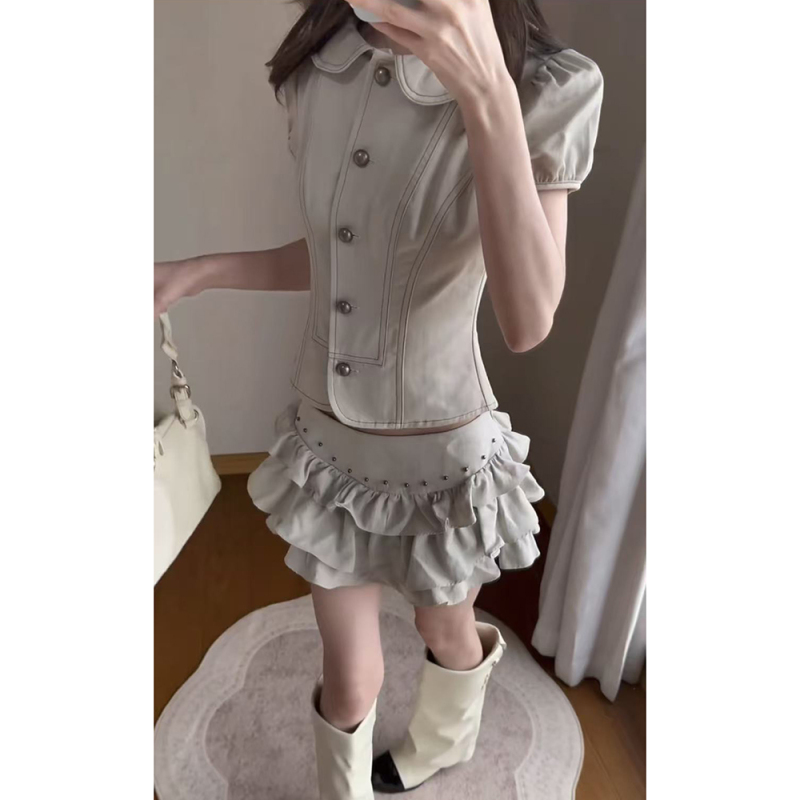 2026 Spring New Arrival Ootd Cotton Blend Sweet Cool Peter Pan Collar Puff Sleeve Top and Short Skirt Two-Piece Set for Women 2026 Spring New Arrival Ootd Cotton Blend Sweet Cool Peter Pan Collar Puff Sleeve Top and Short Skirt Two-Piece Set for Women