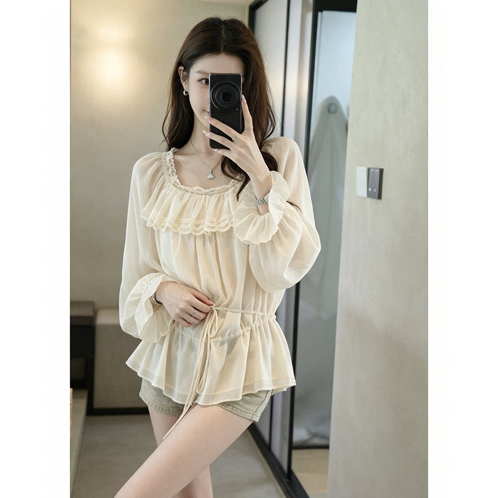 Early Autumn Lace Ruffle Lantern Sleeve Chiffon Blouse for Women 2026 New Autumn Style Gentle and Elegant Shirt Top