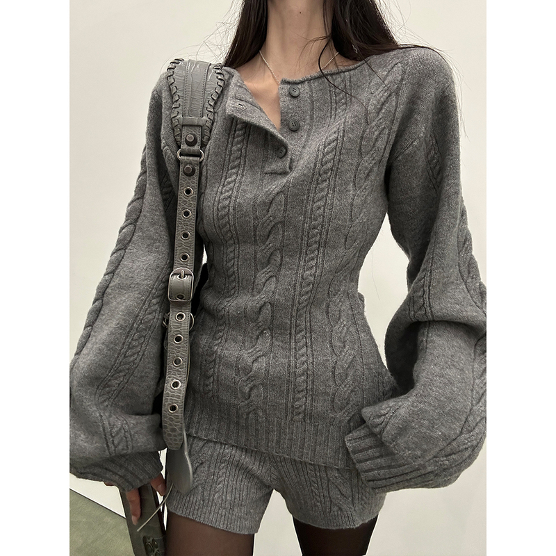 Gray Pullover Cable Knit Sweater for Women, New Autumn and Winter Slim Fit Henry Collar Knitted Top Three-Piece Set
