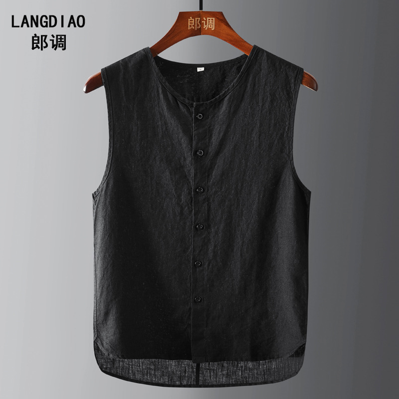 Sleeveless Linen Shirt for Men, Summer Simple Vest, Korean Style Thin Waistcoat, Versatile, Fashionable, Loose, Slimming Vest Top