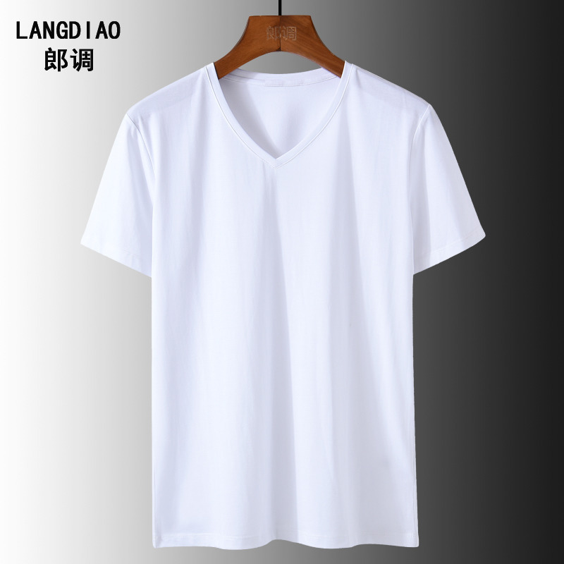 Summer Solid White Plain T-Shirt for Men, Short-Sleeved V-Neck, Mercerized Cotton, Slim Fit, Stretchy, Thin, Slimming, Comfortable Top