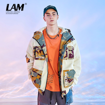 Camouflage Contrast lamb cotton coat mens autumn and winter thick loose short Tide brand couple fleece cotton suit