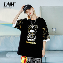2021 hot stamping panda print short sleeve T-shirt men summer Tide brand round neck loose Youth Student Leisure half sleeve