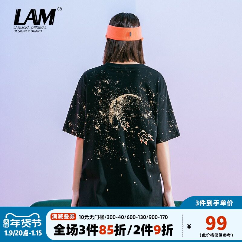 LAMLICKA summer embroidery panda starry short sleeve T-shirt men's Tide brand Super fire wild wild loose couple half sleeve