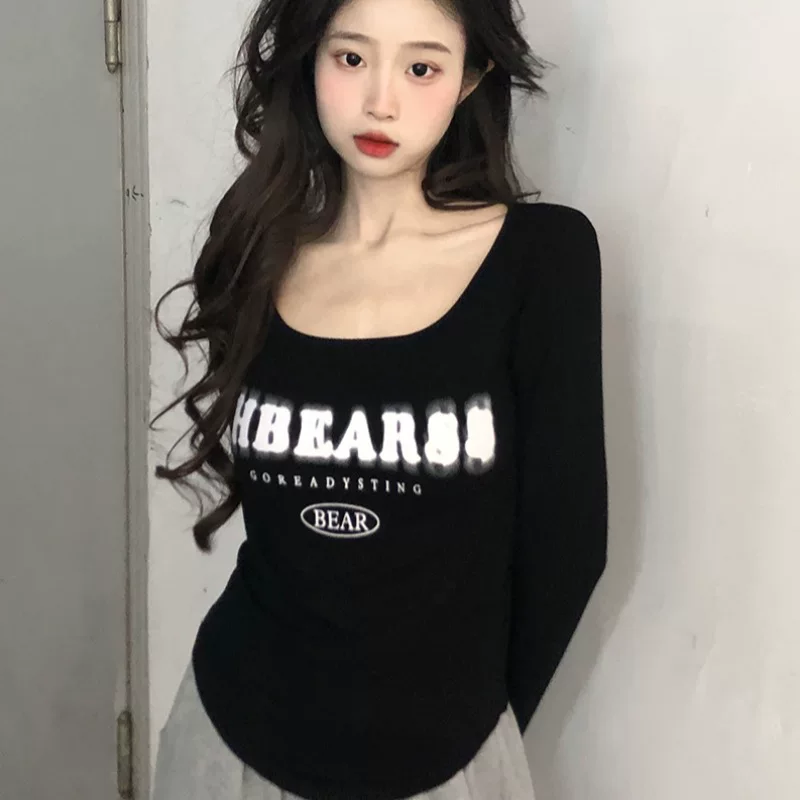 Осень база короткая облегающая футболка с длинным рукавом, slim fit, высокая талия