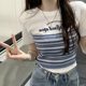 Fake Two-Piece Knitted Striped Patchwork Printed Short-Sleeve T-Shirt for Women, Summer Slim Fit High-Waisted Short Bm Top