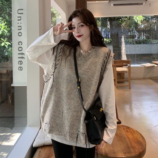 破洞毛衣马甲女春秋宽松外穿慵懒风设计感小众叠穿针织背心上衣服