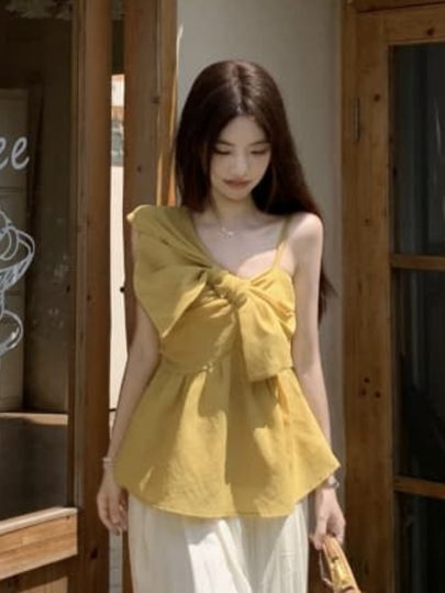 French-Style High-End Bowknot Off-Shoulder Shirt for Women, Summer Design, Stylish Sleeveless Babydoll Top