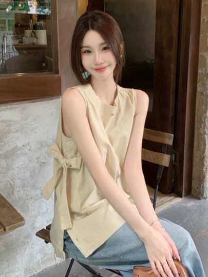 法式设计感侧开叉系带圆领无袖衬衫女夏季小众别致蝴蝶结背心上衣