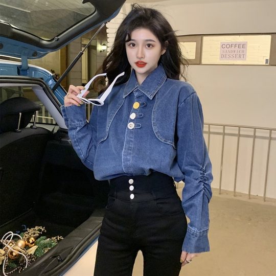 Джинсовая куртка-рубашка с кружевной отделкой для женщин, весенне-осенний дизайн, нишевый стиль, стильный французский шик, топ с воротником-стойкой.