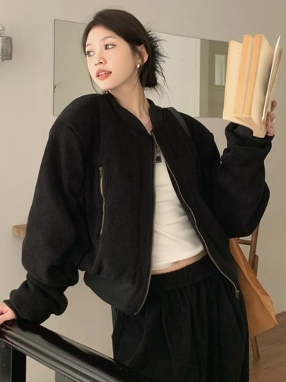 American-Style Stand-Collar Corduroy Baseball Jacket for Women, Spring, Autumn, and Winter, Padded and Thickened, Pleated, Loose Short Jacket