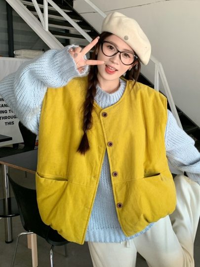 Japanese Retro Yellow Corduroy Vest Jacket for Women, Autumn and Winter Layered Loose Vest Outerwear Cardigan Top