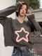 Three-Dimensional Star V-Neck Short Sweater for Women, Suitable for Spring, Autumn, and Winter, Soft and Loose, Lazy Style Knit Top, High-Waisted