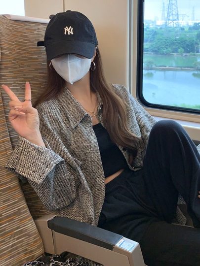 Trendy Polo Collar Plaid Shirt Jacket for Women, Spring and Autumn Thin Loose Casual Korean Style Mid-Length Jacket Top