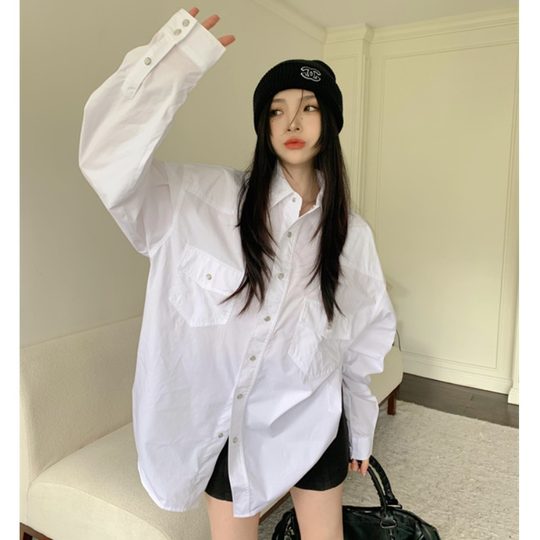 Design-Focused, Unique White Shirt Jacket for Women, Suitable for Early Spring and Autumn, Loose-Fitting, Bf Style, Lazy Style, Layered Shirt, Mid-Length Top