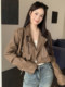 Maillard retro suit collar pu leather jacket for women spring and autumn loose high waist short brown motorcycle jacket top