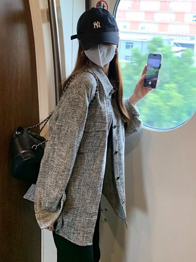 Trendy Polo Collar Plaid Shirt Jacket for Women, Spring and Autumn Thin Loose Casual Korean Style Mid-Length Jacket Top