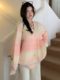 Gradient Pink V-Neck Sweater Cardigan for Women, Spring and Autumn Soft and Loose Lazy Style Mid-Length Knit Top