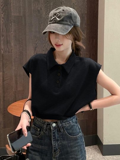 高腰镂空polo领小飞袖T恤女夏休闲宽松慵懒风短款上衣设计感小众
