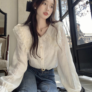 Женская рубашка во французском стиле с кружевным воротником и вставками из ткани, весенне-осенний дизайн, стильная внутренняя одежда с пышными рукавами.