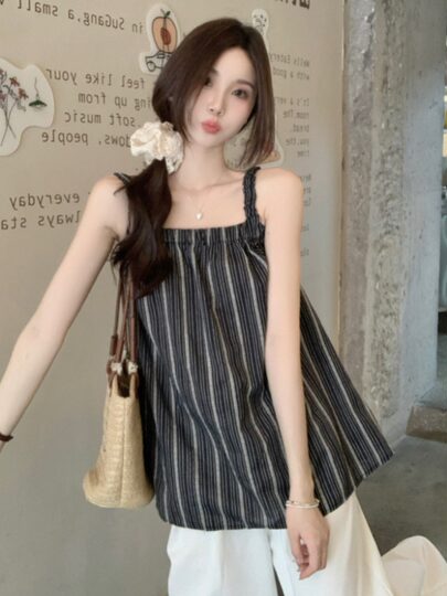 Korean Style Versatile Striped Camisole for Women 2026 New Summer Casual Elegant Vacation Style Sleeveless Top