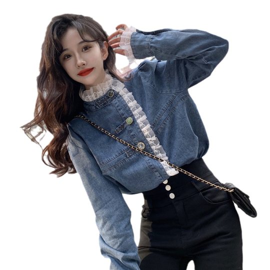 Джинсовая куртка-рубашка с кружевной отделкой для женщин, весенне-осенний дизайн, нишевый стиль, стильный французский шик, топ с воротником-стойкой.