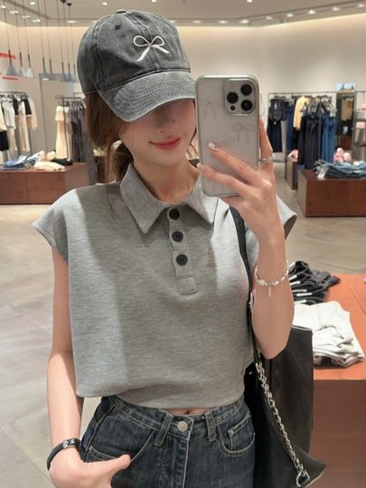 高腰镂空polo领小飞袖T恤女夏休闲宽松慵懒风短款上衣设计感小众