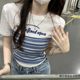Fake Two-Piece Knitted Striped Patchwork Printed Short-Sleeve T-Shirt for Women, Summer Slim Fit High-Waisted Short Bm Top
