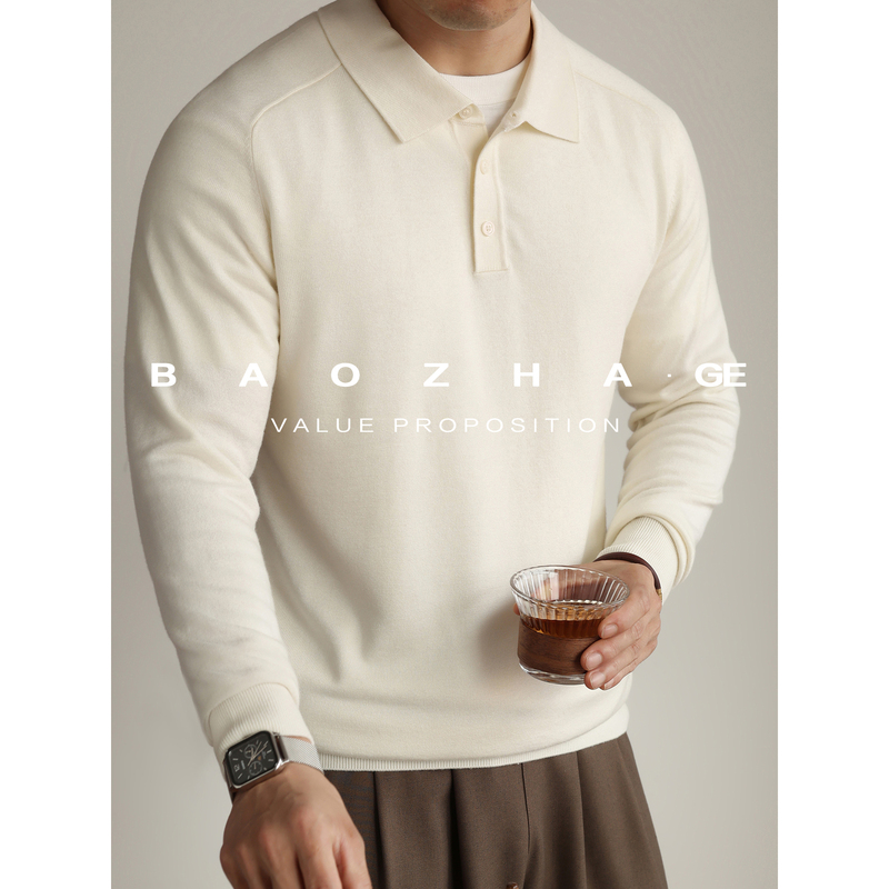 Baozhage【German Flat Knitting Machine】Sheep Wool Knitted Long-Sleeved Polo Shirt for Men, Business Casual Base Sweater