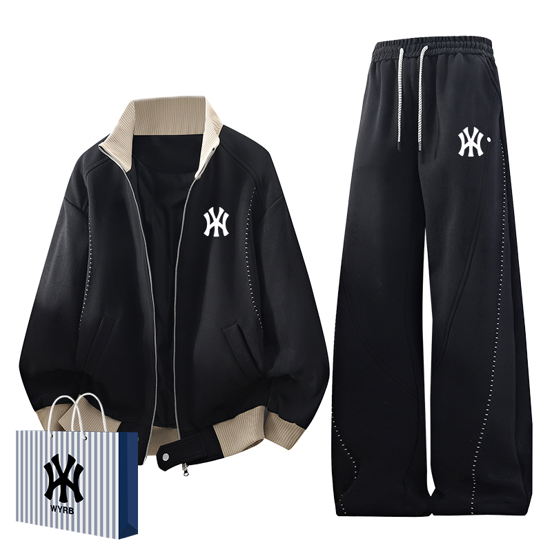 Ole Co-Branded Men's Spring and Autumn Stand-Up Collar Jacket Set, Loose Sports Large Size Jacket, Casual Student Two-Piece Set