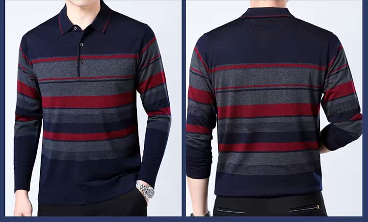 Chim gõ kiến ​​người đàn ông trung niên dài- tay áo len cashmere mùa xuân mới trung niên lỏng thường sọc cha áo len