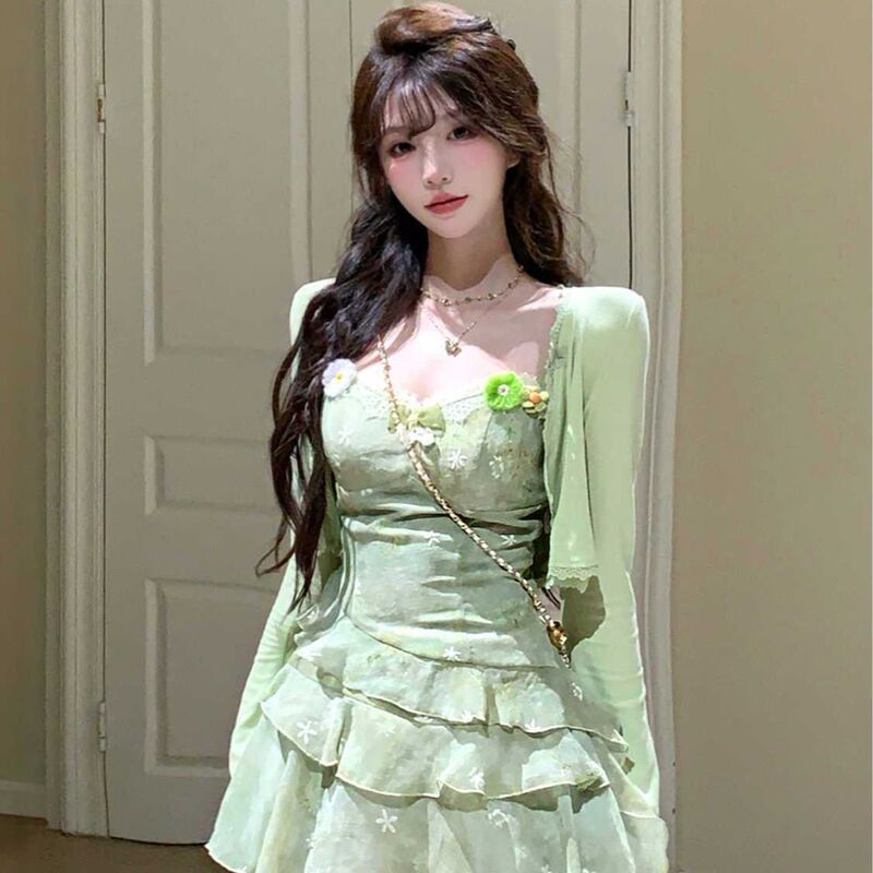 Purely Sensual and Sweet Short Skirt, Spring and Autumn Waist-Cinching Slimming Heavy Floral Ruffle Irregular Floral Print Spaghetti Strap Dress